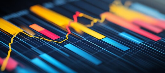 Abstract Financial Graph with Colorful Vertical Bars, Line Charts, and a Dark Background