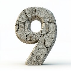 Number 9 made of solid cracked concrete with rough texture isolated on a clean white background