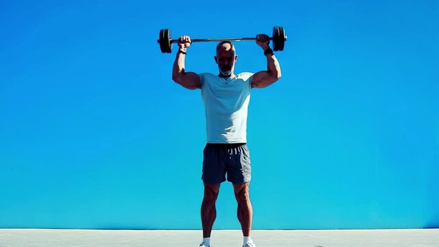 A man is holding a pair of dumbbells in his hands. He is standing in front of a blue wall