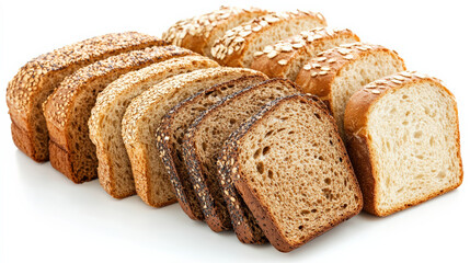 Freshly sliced multigrain bread arranged in row, showcasing various textures and colors. Perfect for healthy meals and sandwiches