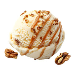Creamy Pecan Caramel Ice Cream Scoop isolated on transparent background