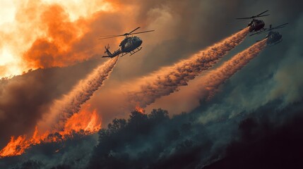 Helicopters and planes working in tandem to fight a forest fire in mountainous terrain, dropping water and retardant to contain the blaze. Smoke billows as aircraft continue their efforts from sky
