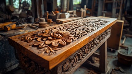A wooden table with intricate hand-carved details displayed on a workbench, showing off the skills of a skilled woodworker. The texture and craftsmanship of the handmade wood piece are highlighted