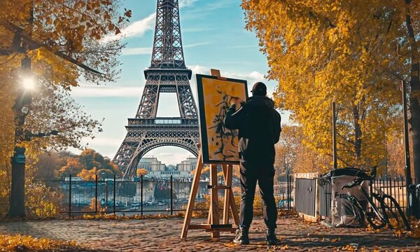 A scenic autumn shot of an artist painting near the Eiffel Tower, capturing the magic of Paris in fall.