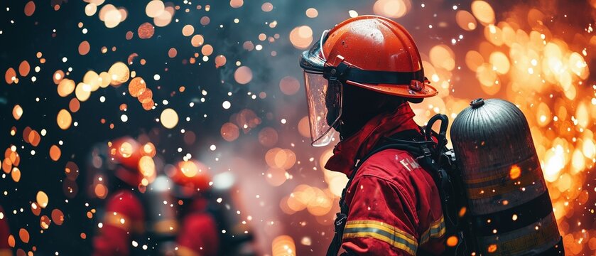 A firefighter wearing a helmet and protective gear stands amidst sparks and flames.