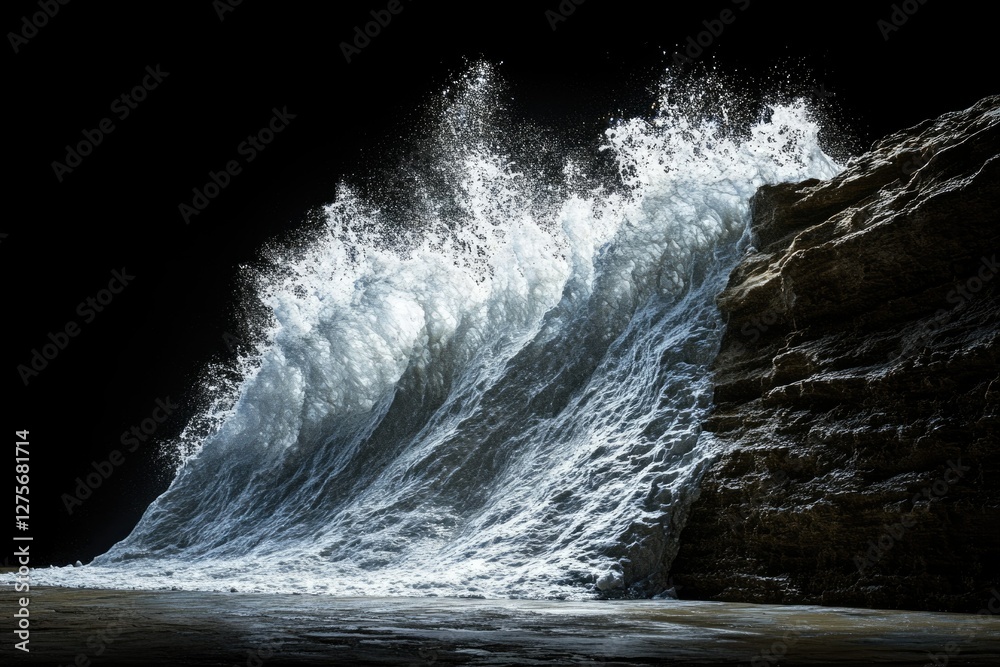 Poster a powerful wave crashes against a dark rocky cliff face, creating a dramatic and awe-inspiring scene