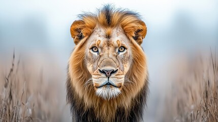 A close-up portrait of a lion with a thick mane, staring directly at the camera in a natural setting.