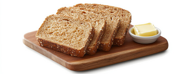 Freshly sliced multigrain bread served on wooden board with butter, perfect for breakfast or snack. Enjoy wholesome texture and flavor