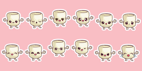 A set of stickers of a marshmallow character in kawaii style with different emotions. Dessert vector illustration