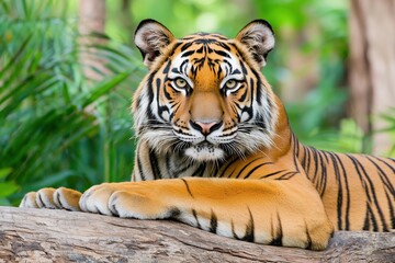 Obraz premium A majestic tiger resting on a log in a lush green environment.