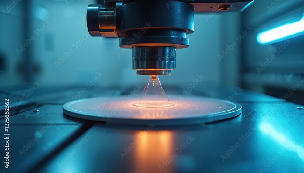 Leinwandbilder Thin slice of semiconductor wafer in high tech factory lab environment. Silicon substrate production manufacturing microchip integrated circuit at machine processing line.