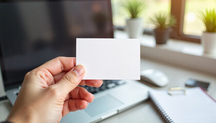 Obraz premium A realistic mockup featuring a hand holding a blank business card with an office desk and laptop in the background. The mockup captures a professional setting