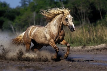 Obraz premium A golden horse gallops through a dusty trail, mane flowing in the air, exuding strength and wild freedom.