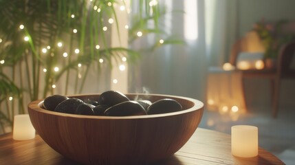 Warm Stones in Wooden Bowl with Spa Decor