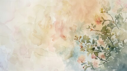 Delicate watercolor artwork features soft pastel colors merging with stylized floral branches, creating a serene atmosphere that captures the essence of nature