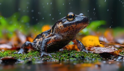 Dark amphibian rests on mossy ground in rain