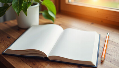 An open notebook mockup placed on a sunny wooden desk, accompanied by a plant and pencil. The natural light creates a refreshing atmosphere, making this mockup ideal for showcasing branding designs