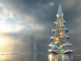 uturistic chrome Christmas tree with glowing accents and shimmering reflections