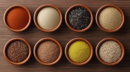 Assorted Healthy Grains and Seeds in Bowls on Wooden Surface Perfect for Culinary Inspiration