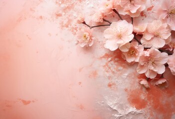 Pink cherry blossom flowers on coral textured background with copy space. Spring nature composition for Hanami, Cherry Blossom Festival, sakura season and Easter celebration