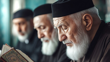 elderly Muslim man in traditional attire reads the Quran inside an ancient mosque during Ramadan, embodying Islamic faith and devotion.