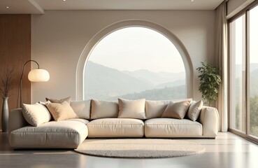Fototapeta premium Luxury living room interior with big sofa, round carpet. Modern stylish apartment design with comfy couch, cushions. Home decoration with lamp, plants, curtains, arch window with mountain landscape.