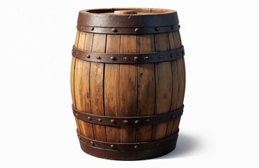 Obraz premium Weathered wooden barrel isolated on white background. Aged oak container, storage for wine distillery. Brown drink cylinder, winery keg close-up for aging process. Traditional rustic timber.