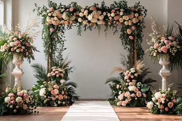 Enchanting Floral Backdrop with Delightful Accents for Wedding Altar Decoration and Photography