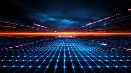 Fototapeta premium Abstract Blue Grid with Orange Horizon and Starry Sky Background Illustration