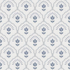 Retro flowers scallop seamless pattern. Floral tulip rustic retro endless wallpaper background for kitchen decor or textile design. Blue and beige calm colors.