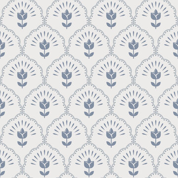 Retro flowers scallop seamless pattern. Floral tulip rustic retro endless wallpaper background for kitchen decor or textile design. Blue and beige calm colors.