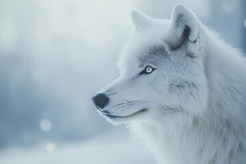 Fototapeta premium A majestic white wolf, with piercing eyes, stands surrounded by a frosty landscape, exuding power and mystique.