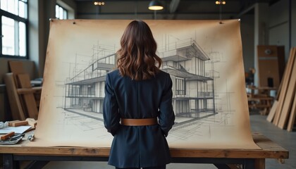 Rear view of a female architect in suit analyzing building design blueprint. Successful career woman in male-dominated architecture industry, drafting construction documents in studio.