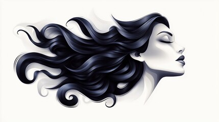 Artistic illustration of a woman's profile with flowing black hair in dynamic waves. Hairstyle and beauty concept