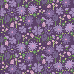 Beautiful spring seamless floral pattern with bright purple green summer flowers. Ditsy botanical repeat dark violet background.