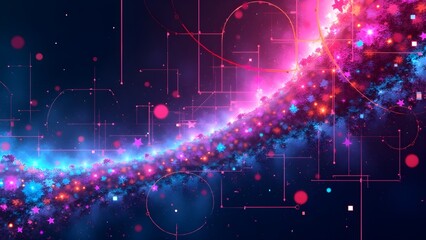 Obraz premium Vibrant abstract background featuring glowing pink, blue, and purple particles, geometric shapes, and futuristic digital circuits representing AI and technology. 
