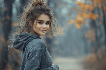 Fototapeta premium A Woman Embracing the Rain with Long Hair While Jogging for Health and Fitness Commitment