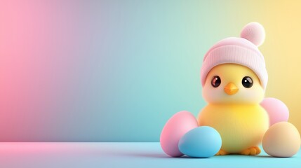 Yellow cartoon chick in pink beanie surrounded by pastel eggs on gradient background. Cute Easter design