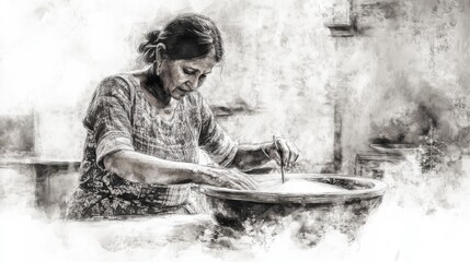 Obraz premium Elderly Woman Crafting Pottery in Traditional Art Style