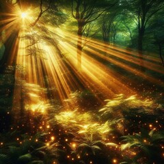 Golden Sunbeams Illuminate Enchanted Forest with Lush Greenery