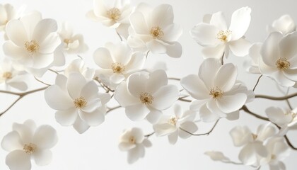White Flowers in Bloom Spring Floral Arrangement on Branches, Bright, White Background