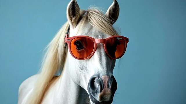 Cool Equine: A striking white horse, adorned with stylish sunglasses, poses confidently against a vibrant background, exuding charm and a playful sense of fashion.