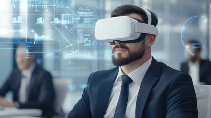 Fototapeta premium Futuristic digital workspace, virtual reality business meeting with executives interacting in an AI-powered 3D boardroom