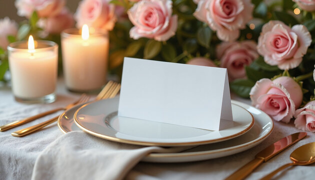 A tent-style wedding place card mockup is showcased on a luxurious dinner table with soft pink roses, glowing candles, and elegant tableware. This romantic composition is perfect for wedding planners