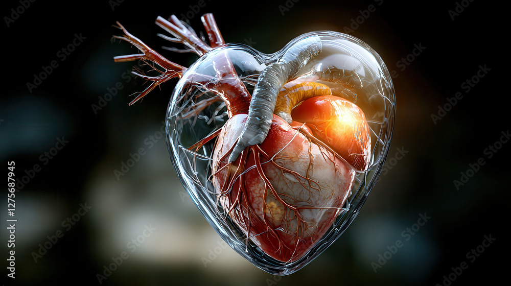 Aufkleber 3d rendering of human heart encased in transparent structure, showcasing detailed arteries and veins