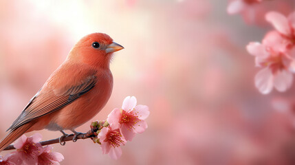 small bird with vibrant plumage perches on cherry blossom branch, surrounded by soft pink flowers, creating serene and picturesque scene