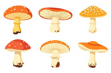 set of different mushrooms, chanterelles, champignons, isolated on white background, pattern