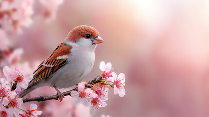 small bird with brown and white feathers perches on cherry blossom branch, surrounded by soft pink flowers and blurred background, creating serene and peaceful scene