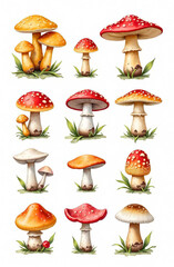 set of different mushrooms, chanterelles, champignons, isolated on white background, pattern