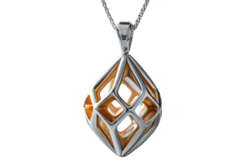 Intricate pendant design showcasing silver and gold craftsmanship with a modern geometric pattern